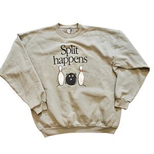 Vtg Split Happens Funny Bowling Crew Sweatshirt Adult Size XL Olive Green Hanes